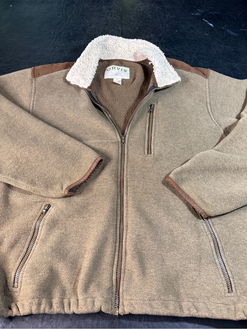 Orvis Men’s Tan Zip-Up Fleece Jacket with Sherpa Collar